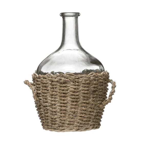 Glass Bottle in Woven Basket with Handles